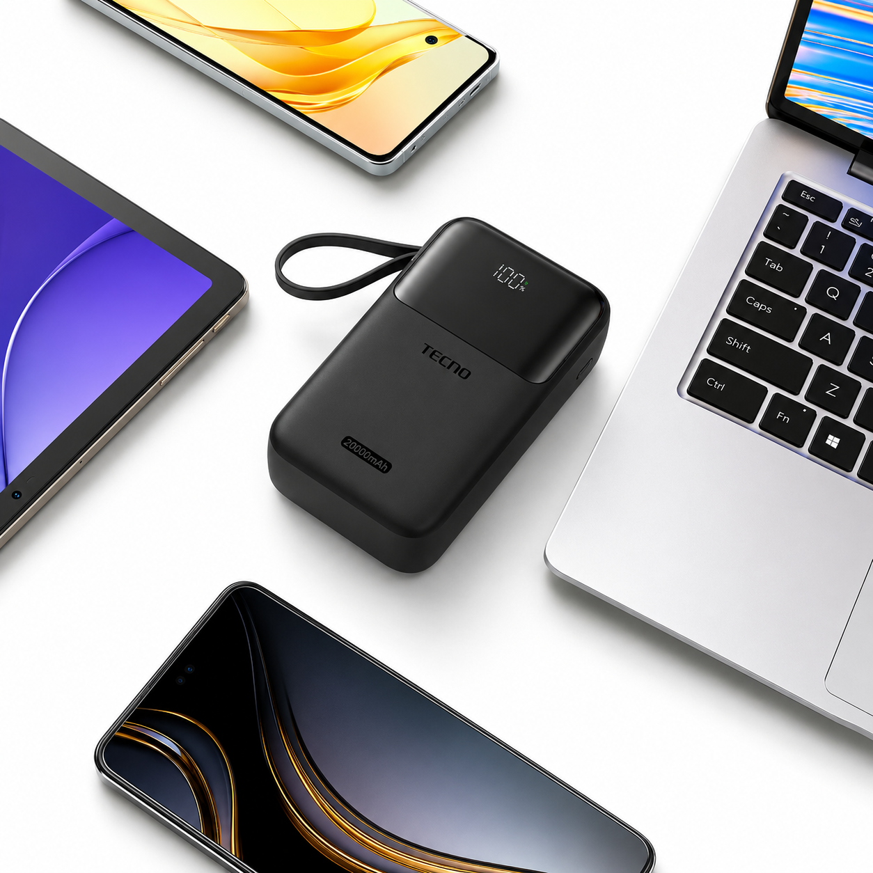 TECNO S201 Power Bank 20000mAh – Batterie Externe Compacte avec 4 Câbles Intégrés | Livraison Gabon | Kadmarket